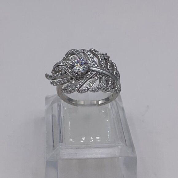 Ring, solid 925 sterling, feather motif, lab created gems, sz 7 - Picture 1 of 16